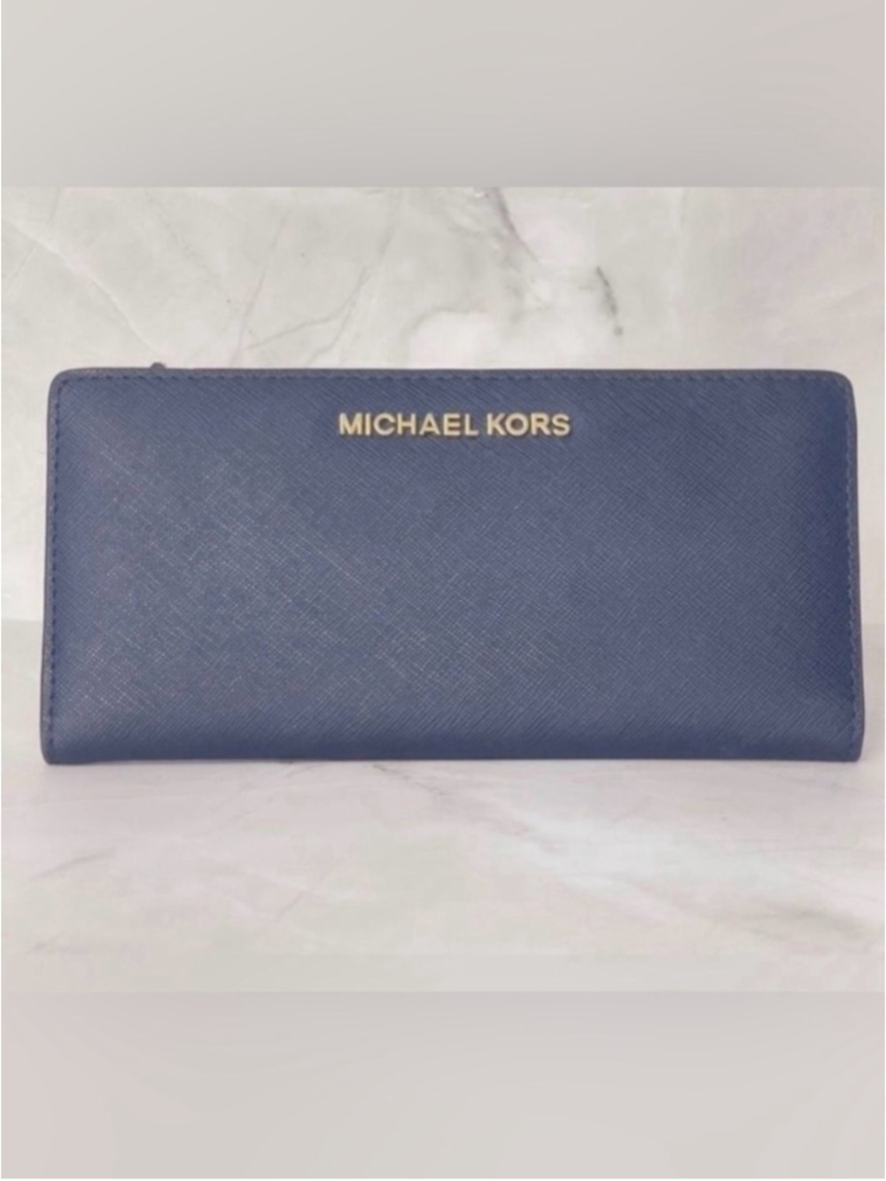 Michael Kors Saffiano Leather Slim Bifold Wallet & Card Case Navy Blue - Picture 2 of 9